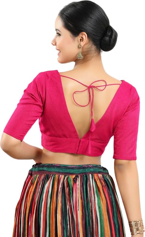 Image of Dupion Silk Solid Non Padded Saree Blouse Top V-Neck Short Sleeves Hook and Eye Closure and Tie-Up Back Choli