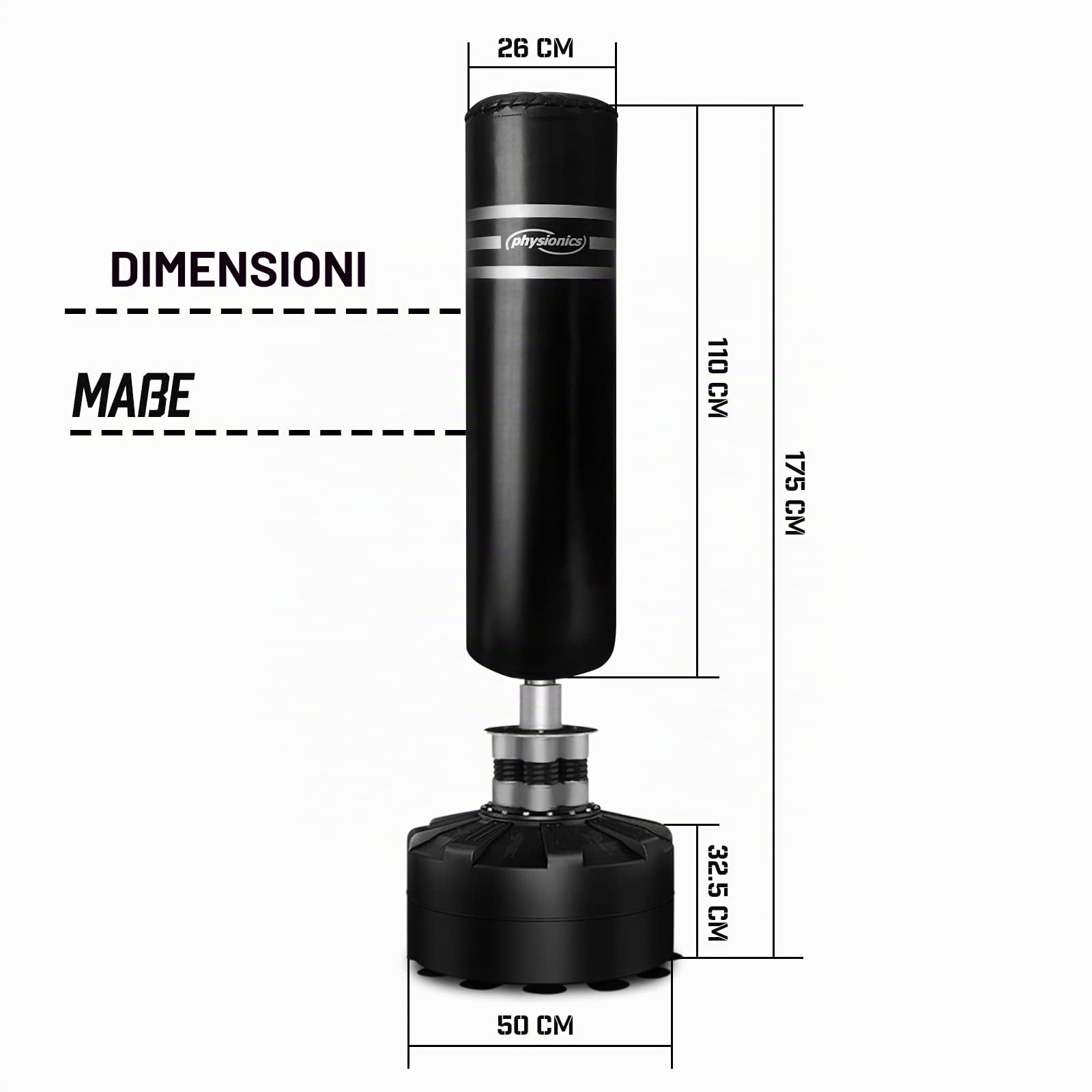 Physionics® Sacco da Boxe da Terra - Professionale, 175 cm, Autoportante, Base con Acqua/Sabbia, Resistente, Nero - Punching Ball Boxe Adulti, Pungiball Boxe, Pugilato, Boxing Bag