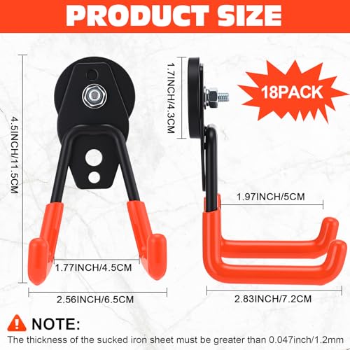 Image of Landhoow 18 Pcs Large Magnetic Hooks Heavy Duty Garage Magnet Hooks Strong Storage Utility Magnetic Hangers with Anti Slip Rubber Coating for Indoor and Outdoor Hanging (Orange)