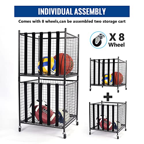 Mythinglogic Rolling Sports Ball Storage Cart, Sports Lockable Ball Storage Locker with Elastic Straps, Stackable Ball Cage for Garage Storage Garage Organizer (2 Sets