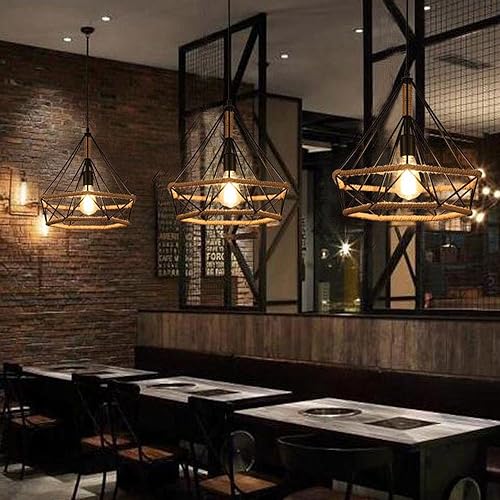 Lustre industriel en fer forgé et corde de chanvre tressée main E27