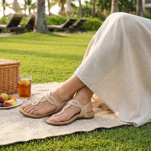 Image of Women's Orthopedic Arch Support Comfortable Walking Sandals, Orthotic Thong T-Strap Supportive Casual Flat Summer Sandals for Women
