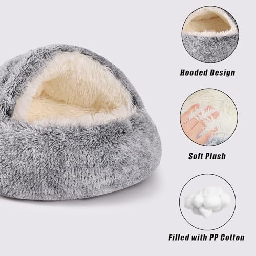 Round-Hooded-Cat-Bed-Dog-Bed-with-Cover-Cave-Dog-Bed-for-Small-Dogs-Faux-Fur-Cuddler-Round-Coved-Cat-Bed-Self-Warming-Donut-Dog-Bed-Fits-up-to-5-lbs-Pets-Gray-16inch-x-16inch