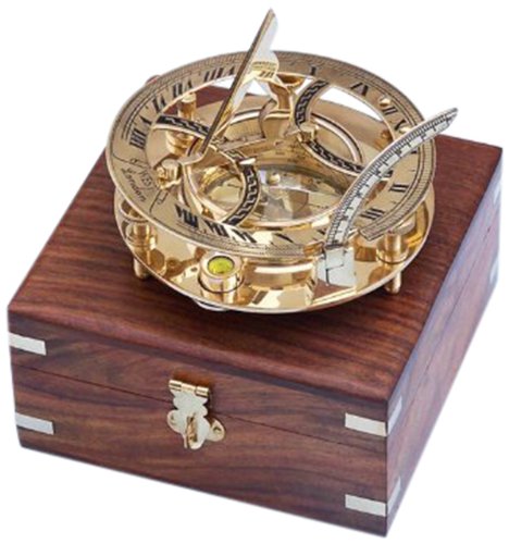 Hampton Nautical Solid Brass Round Sundial Compass with Rosewood Box, Brass