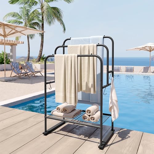 ELYKEN 40'' Tall Standing Towel Racks, 3 Tier Towel Drying Rack Outdoor, Pool Towel Stand Blanket Holder with Shelf & 4 Removable Hooks, Metal Freestanding Towel Racks for Bathroom, Matte Black