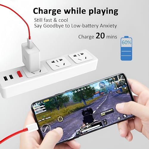 Image of One Plus 80W Type C Supervooc Charger with Red Cable Compatible with One Plus 12R /12 /11R /11 /10 Pro /10 /10t /10R /9rt /9 Pro | Ce 4 /Ce 3 /Ce 2 / Ce 4 Lite /Ce3 lite /Nord 3 /2 /2T /, 65 w Charging Adaptor, White