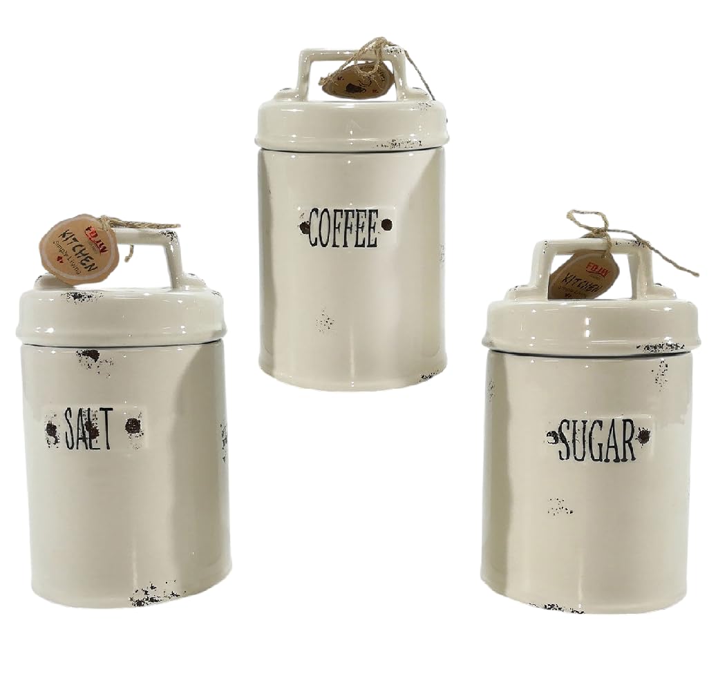 Set 3 Barattoli in Ceramica Vintage posta sale zucchero cafféda cucina Ermetici con Scritta salt coffee sugar cl 60