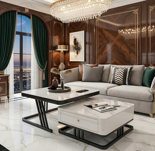 Image of Two Square Stacking Nesting Coffee Tables with Metal Frames, Wooden Tops, and Handcrafted Drawers Make up This Contemporary Centre Couch Table for Living Rooms bedrooms, & Apartments (Bk Wht)