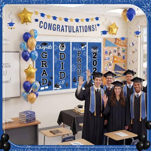 Image of Panelee 4 Pcs Black Blue Graduation Party Decorations 2026 Congrats Grad Porch Banners Class of 2026 Hanging Banner Backdrop for Classroom School Doorway Indoor Outdoor Wall Hanging Decor