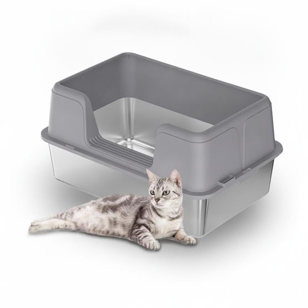 60x40x36.5 cm Stainless Steel Cat Litter Tray with Scoop, Non-Slip Mat