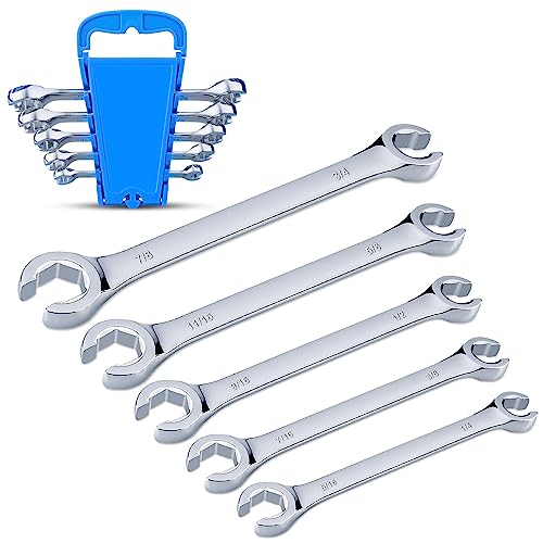 EFFICERE 5-Piece Double-End SAE Flare Nut Wrench Set in Rack, Size 1/4, 5/16, 3/8, 7/16, 1/2, 9/16, 5/8, 11/16, 3/4, 7/8” | Cr-V Steel, 6-Point Head, Best Line Wrench for Fuel, Brake, Air Conditioning