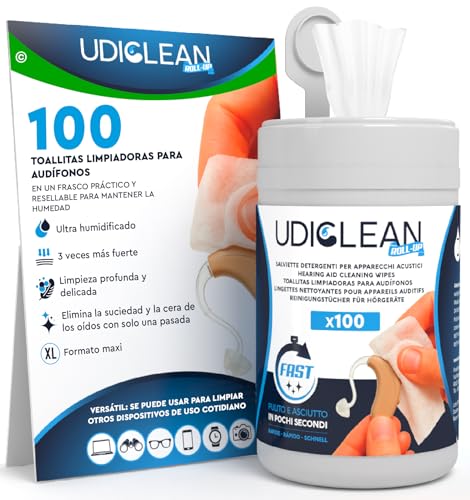 100 Toallitas Limpiadoras y Humedecidas para Audífonos Udiclean - en Dispensador Resellable que Conserva la Humedad - Formato Maxi y Super Resistentes Eliminan la Cerumen la Grasa y la Suciedad