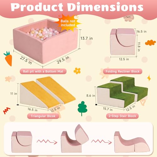 Image of 6-Piece Modular 30D High-Density Foam Climbing Blocks for Toddlers 6-24 Months,OEKO-TEX Certified Soft Play Set with Large Ball Pit,Pink Indoor Crawling Toys for Baby Girls (Balls Not Included)