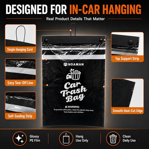 Image of Noaman 2Pack 50PCS Car Trash Bags, 2.5 Gal Leakproof & Smell Proof. Heavy-Duty Garbage Bags for car, SUV, Truck, RV. Stick-on or Headrest Mount. Alternative to Car Trash Can. Black