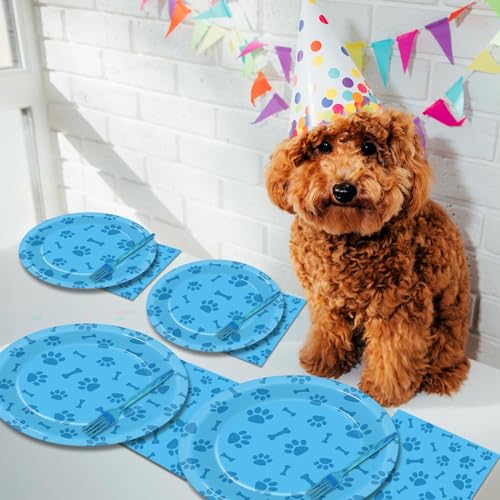 Image of 96pcs Dog Paw Prints Party Plates Napkins Dog Paw and Bone Sign Tableware Puppy Pawty Print Dinnerware Disposable Paper Plates for Kids Boy Girl Lets Pawty Birthday Baby Shower Party supplie 24 Guests