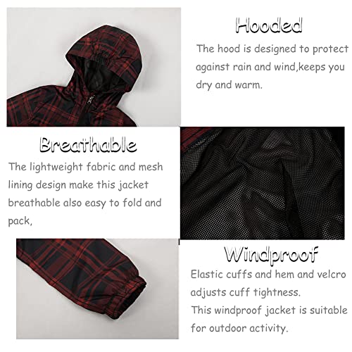SNOW DREAMS Boys Waterproof Rain Jacket Windbreaker Lightweight Coat Kids Raincoat Outerwear Red Plaid Size 103