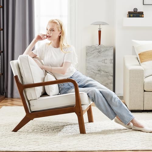Sweetcrispy C-ZSF01 Modern Accent Mid Century Chair With Lumbar Pillow, Lounge Arm Chairs, Linen Fabric Comfy Reading Chair With Wood Frame For Living Room thumb #7
