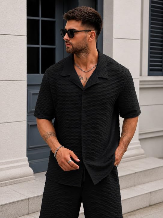 Image of Zilcon Men's Textured Co-Ord Set | Half Sleeve Cuban Collar Shirt & Shorts | Casual Summer Lounge Wear | Premium Matching Outfit