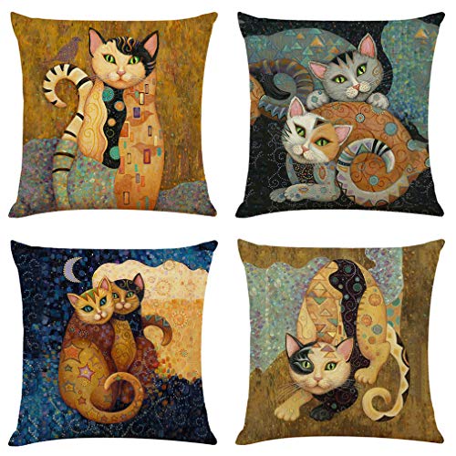 Abstract Cat Linen Throw Pillow Case, 18 X 18 Inch Set Of 4, Gifts For Cat Lover, Funny Cat Pillow, Children Room Decoration, Cat Owners Gifts, Cat Theme Room Decor, Cushion Cover For Sofa Couch Bed #TOP10