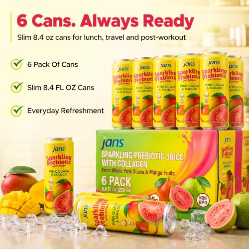 Image of Jans Sparkling Prebiotic & Collagen Soda Beverage, Pink Guava & Mango