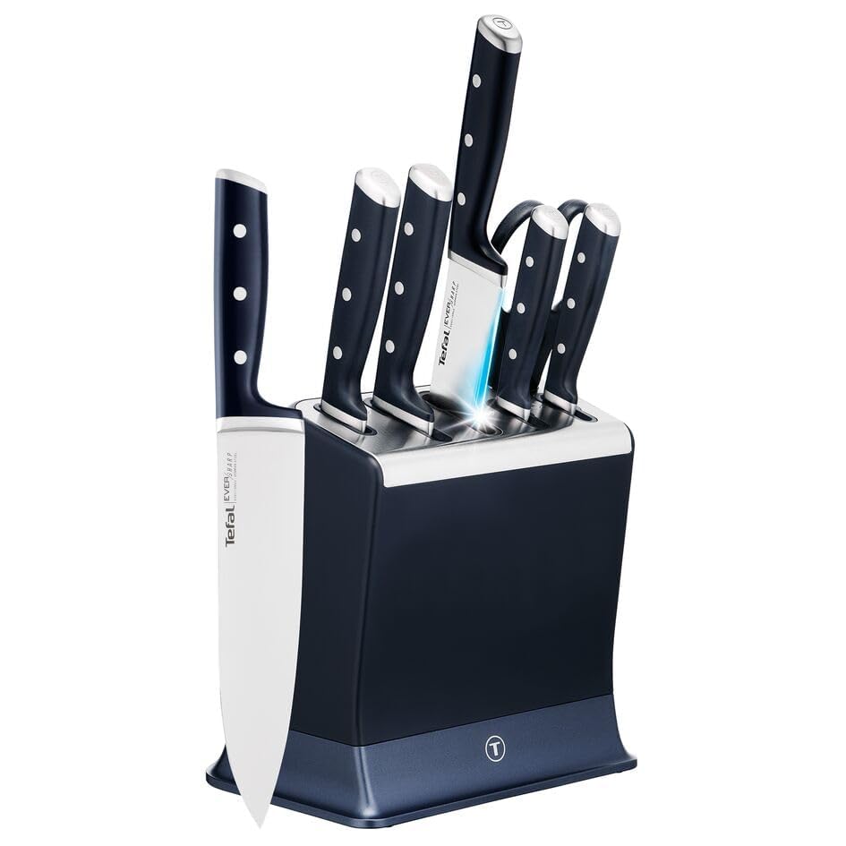 TEFAL EverSharp Pro Knife Block with Integrated Automatic Sharpener 6-Piece Knife Set with Scissors Chef Bread Santoku Utility Paring Knives & Scissors Precision Blades K297S744