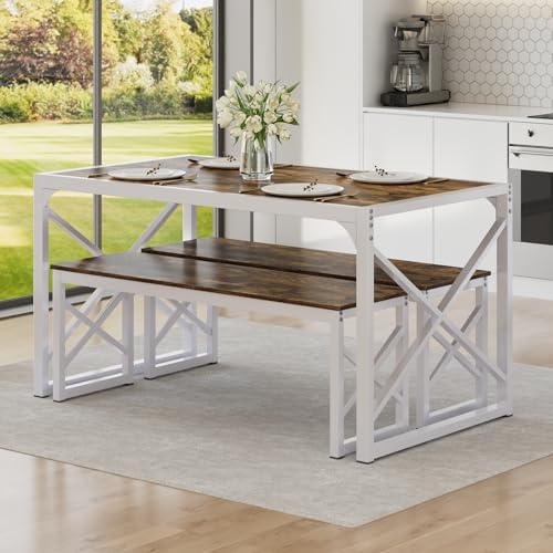 Image of VECELO 55 inch Kitchen Dining Table Set for 4, Heavy-Duty Steel Frame & Wood-Grain Tabletop, Space-Saving Dinette Sets with 2 Benches for Breakfast Nook and Small Space, Drak Brown