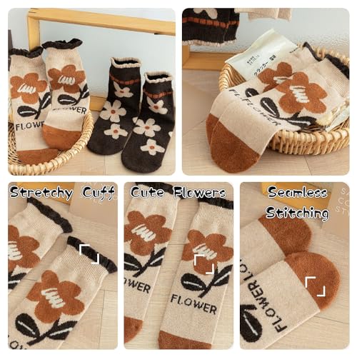 5/10 Pairs Wool Socks for Women Thick Knit Cozy Vintage Cute Animal Floral Crew Socks4
