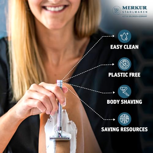 Image of MERKUR 24C Safety Razor For Women with 10 Double Edge Blades | Extra Long Handle | Three-piece Razor | Straight Cut | Bright Chrome Finish | Made in Germany