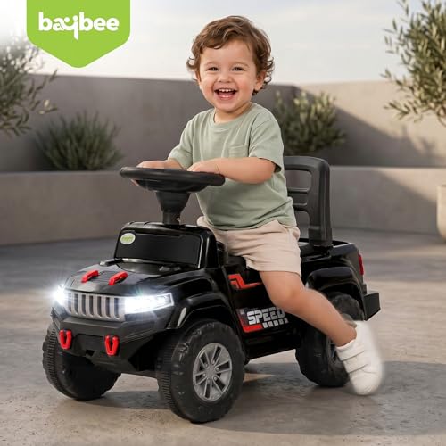 Image of Baybee Speedy Baby Ride on Car for Kids | Portable Kids Car with LED Lights, Music & Storage Basket | Push Toy Cars with High Backrest | Toddler Rideons Jeep for 1 to 3 Years Boys Girls (Black)