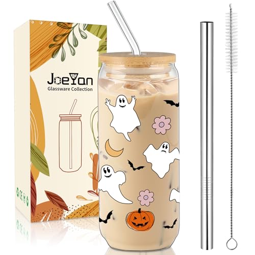 Joeyan 600ml Vasos Halloween de Cristal con Tapa y Pajita,20oz Vasos de Vidrio de Fantasmas de Calabaza,Tazas para Matcha,Café,Smoothie,Bubble Tea,Cerveza,Regalo Decoración Fiesta Para Amigos Colegas