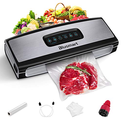 Vacuum Sealer Blusmart Food Sealer Machine with cutter for Food Savers, Seal Time+ Mode for Juicy and Moist Food, Consecutive seals, Dry and Moist Modes, Starter Kit with Roll,Bags and Hose