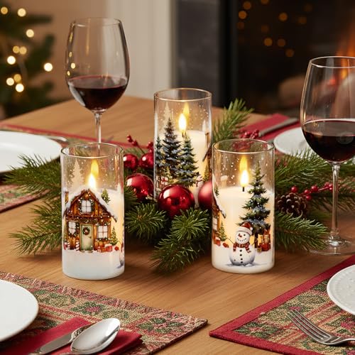 Image of GenSwin Christmas Flameless Candles with Remote Timer, Set of 2 Christmas LED Glass Battery Operated Candles with Cedar, Snowman, Reindeer, Snowy House Decals for Holiday Winter Home Decor(D3 inch x H6 inch)