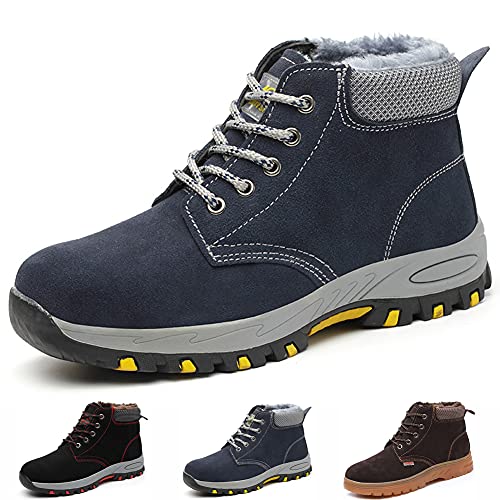 Winter Safety Boots Women Men Steel Toe Cap Work Boots with Warm Fur Lining Safety Shoes Trainers Ankle Plush Work Shoes,Blue with Fur 42EU 8UK