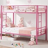 VECELO Metal Bunk Bed Twin Over Twin, Industrial Bunkbeds with Ladder and Full-Length Guardrail, Noise Free, No Boxing Spring Needed, Pink