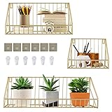 PNNP Wandregal Metall 3er Set, Regalbrett Schweberegal Gold Regal Ohne Bohren für Küche, Badezimmer, Kinderzimmer, Schlafzimmer Vintage Hängeregal Wand Deko(Groß, Mittel, Klein)
