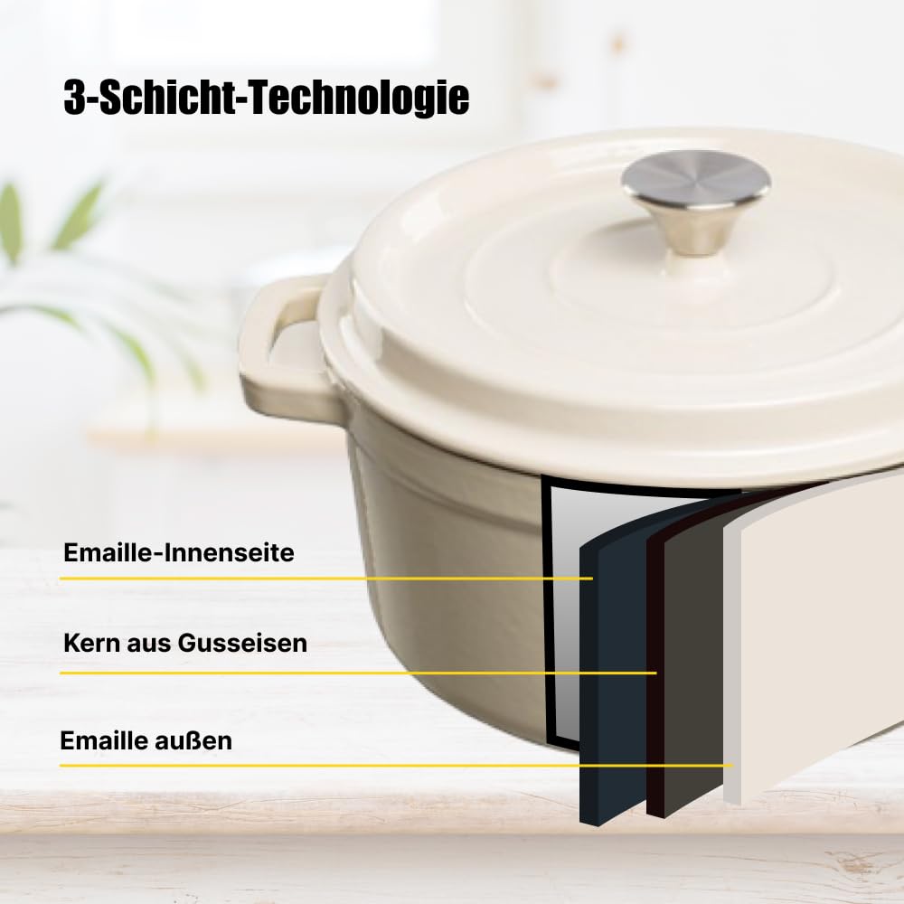 holenderski Piekarnik Garnek Żeliwny - Emaliowany żeliwny garnek z pokrywką i szerokimi uchwytami do duszenia w kuchni - pojemność 4.7L, biały