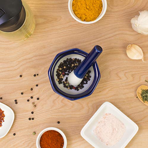HIC Octagonal Mortar and Pestle Spice Herb Grinder Pill Crusher, Fine-Quality Porcelain, Cobalt
