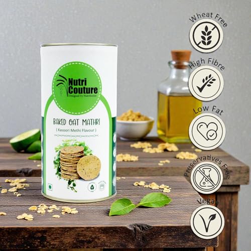 Image of Nutri Couture Baked Oats Mathri Kasoori Methi | Healthy Namkeen Snack | High Fiber, Low Fat, Diabetic Friendly | Wheat Free, Vegan | Made in Olive Oil, No Palm Oil, No Preservatives | Crispy Tea Time Snack