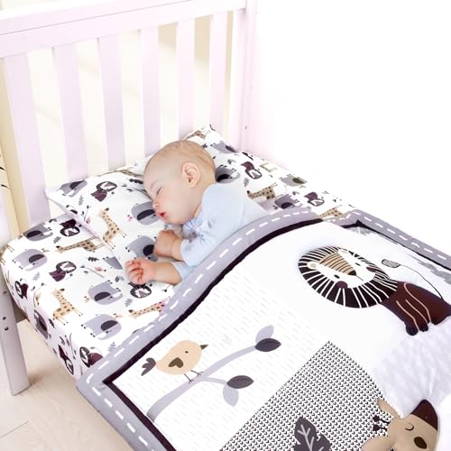 Image of JISEN 3 Piece Crib Bedding Set Soft Baby Crib Bedding Set Jungle Animals Crib Comforter Set - Comforter Crib Sheet Pillowcase Grey Nursery Bedding Sets for Baby Girls or Boys