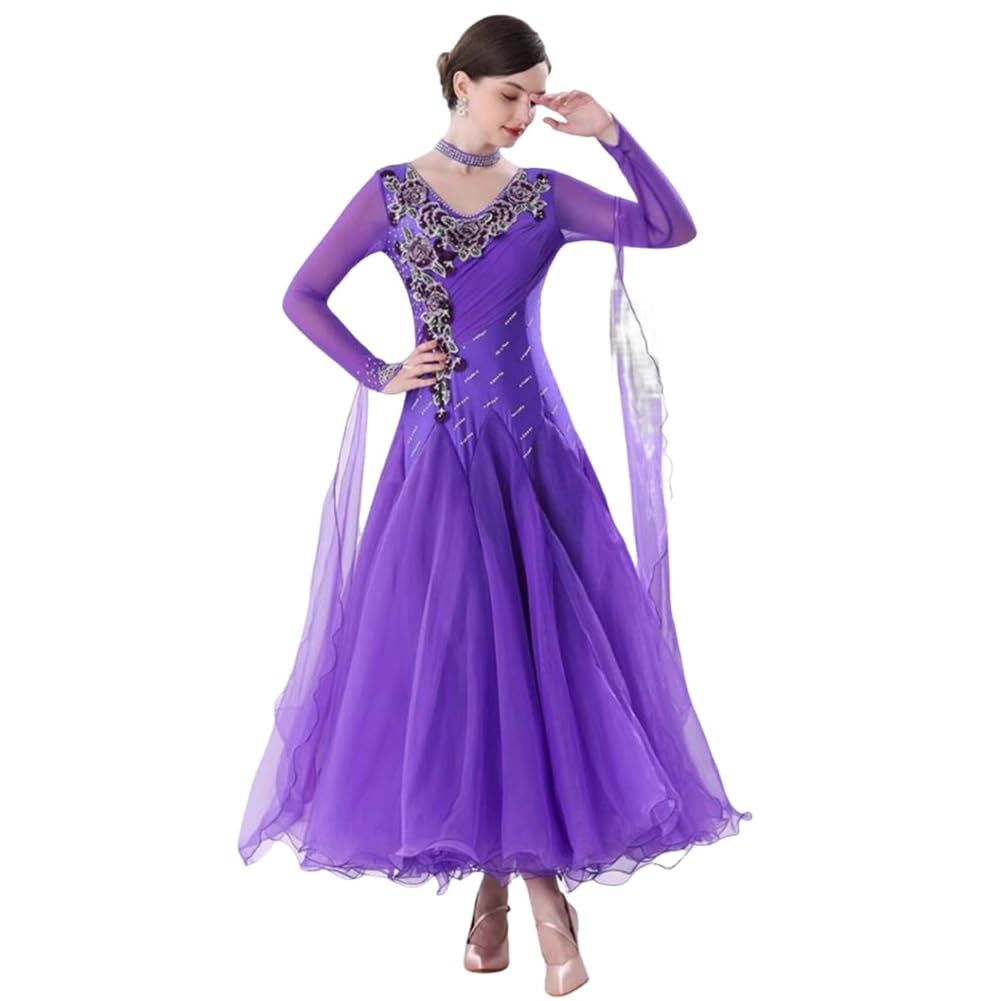 Women’s Ballroom Dance Dress Embroidery Flowers Modern Waltz Tango Competition Performance Dancing Clothes(Purple,L)