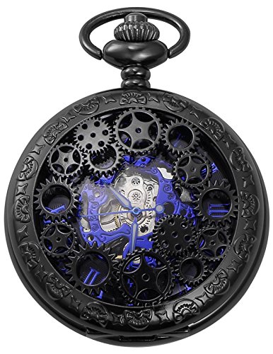 AMPM24 Mechanical Pocket Watch Skeleton Black Alloy Case WPK219