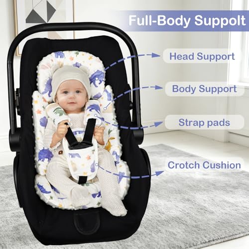 Image of Infant Car Seat Insert with 3 Strap Covers, Soft Car Seat Head Support for Baby Girls, Plush Fabric Newborn Insert for carseat, Strollers, Swings, Bouncer, Dinosaur