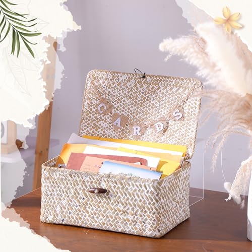 Image of Geelin Sea Grass Wedding Card Basket With Letter Flag Decorative Wedding Card Woven Post Box Suitable For Baby Showers Birthdays Graduation Ceremonies Bridal Showers(11 Inch,White)
