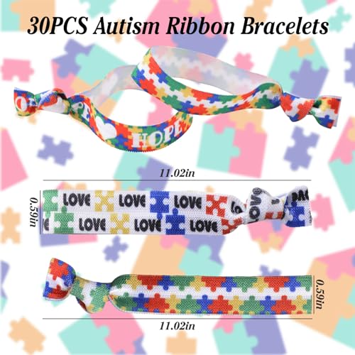 WANDIC 30 Pcs Ribbon Suit,Autism Wristbands Love Bracelets Stretchy Wristbands for Public Event Advocacy, 11 inches - Image 2