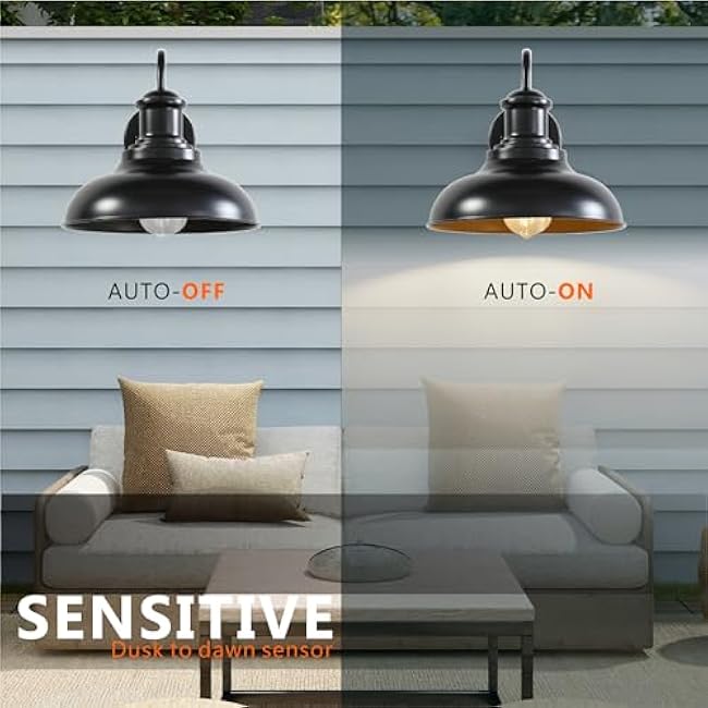 Dusk to Dawn Outdoor Lighting,12'' Diameter Large Black Barn Lights with Gooseneck,Exterior Farmhouse Wall Mounted Light,Vintage Outside Sconce,Anti-Rust Waterproof Porch Light for House Garage