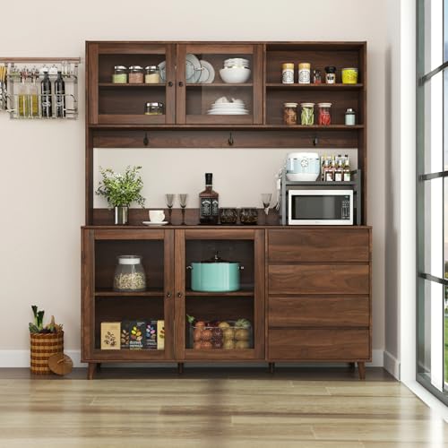 Image of 63 inch Walnut Kuchenschrank Vorratsschrank Aufbewahrungsschrank, Freistehender Kuchenschrank mit Schubladen und Turen, Gross Kuchenaufbewahrung mit Mikrowellenablage(Walnut 63 inch)
