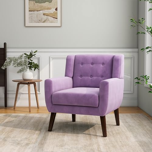 Accent Chair Mid-Century Modern Velvet Fabric Chairs with Arms for Living Room Comfy Upholstered Club Single Sofa Armchair for Bedroom Waiting Room with Solid Wood Frame (Velvet Purple Set of 1)