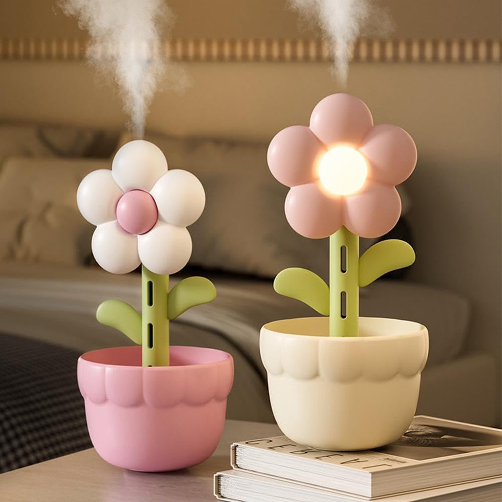 Cute Sunflower Mini Humidifier - 300ml Portable Cool Mist Humidifier with Ambient Night Light, USB Powered Desktop for Home Bedroom (White Rechargeable)