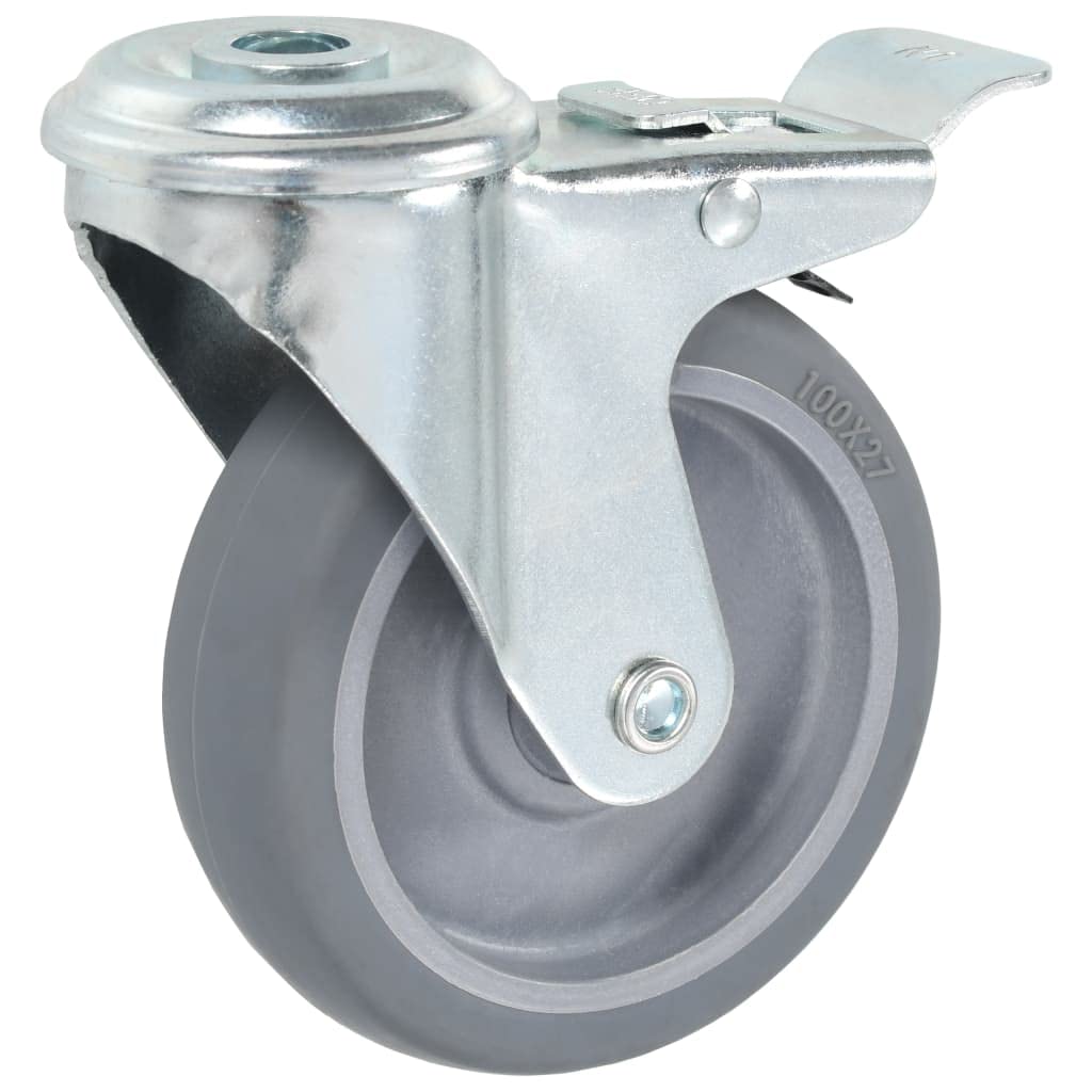 Ruedas giratorias con orificio para perno y frenos dobles, 4 unidades, 100 mm TPR gris, agujero trasero M12, 60 kg por rollo, para banco de trabajo, carro, soporte para plantas, muebles y