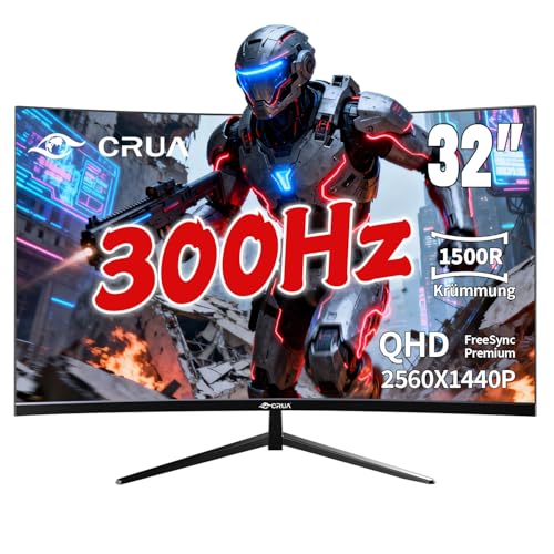 CRUA 32 Zoll Curved Gaming Monitor, WFHD 2560x1440P, 300Hz, 1ms, 1500R VA Panel, 120% sRGB, AMD FreeSync, HDMI & DisplayPort, Ultra-Wide PC Monitor für Gaming & Office, Wandmontage - Schwarz